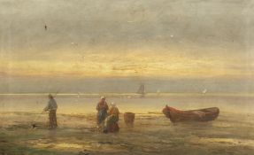 A. Vescovi (19th/20th century) Italian figures on a beach mending nets with boats in the distance,