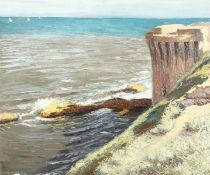 Leon Aznavounair (b.1889) Hungarian, a coastal lookout with distant yachts, oil on board,