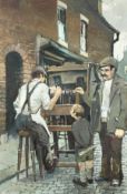 Tom Brown (1933-2017) British, a Salford artist, 'The Knife Sharpener', a street scene with figures,