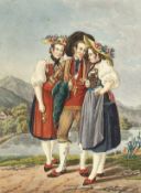 A collection of seven 19th century Swiss hand coloured prints of regional costumes, two of them