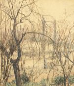 Early 20th century, a scene of a bridge and buildings through the trees, watercolour, indistinctly