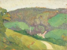 Hubert Wellington (1879-1967) British. 'Scene of a Country Lane', Oil on Panel, Signed Verso, 7.