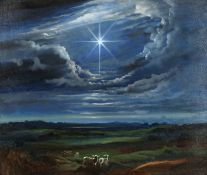 Robert Dumont-Smith (1908-1994) British. Sheep Gazing at a Star with a Rolling Landscape beyond, Oil