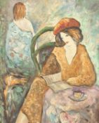European school (mid 20th century), an interior scene of two ladies, oil on board, 13.75