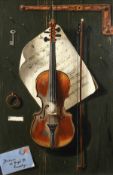 20th century, A Trompe l'oeil study of a violin and bow hanging on the door, oil on canvas, 30