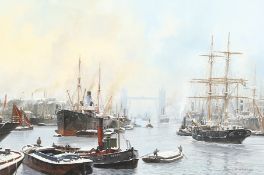 Barry Mason, born 1947, 'Winter in the Lower Pool', A scene of shipping on the Thames, oil on