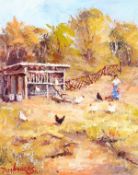 Thea Lokkers, Australian School. 'Activity at the Chookhouse', Acrylic on Board, Signed, 10