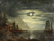 19th century, a moonlit coastal scene with the figures awaiting a returning vessel, oil on canvas,