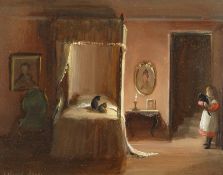 Deborah Jones, British. 'A Visitor', a Figure and Cats in a Candlelit Bedroom, Oil on Board, Signed,