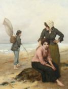 William Oliver (1823-1901) British, a scene of three figures on a beach with distant boats, oil on