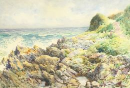 W. Cecil Dunford (1885-1969) British, view of a rocky coastline with breaking waves, watercolour,