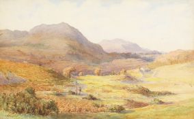 Norman Netherwood (1886-19 58) British, a North Wales view with figures and sheep in a landscape,