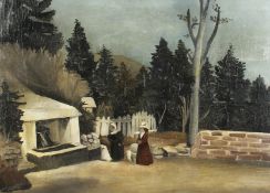 Colette Beleys (1911-1998) French. 'The Fountain' Two Female Figures beside a Hillside Fountain, Oil