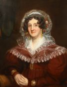 19th century English school, portrait of a lady in the headdress intertwined with flowers, oil on
