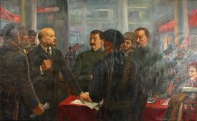 20th Century Russian School. A Scene of Lenin Commanding his Officers with a Clerk taking Notes, Oil
