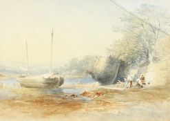 William Williams of Plymouth (1808-1895). Mending the Boats, Watercolour, Signed, 7