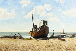 Michael Wood (20th century) British, a scene of fishing boats on a shingle beach, oil on canvas,