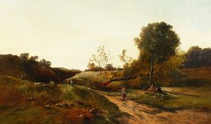 Charles Leslie (1839-1886) British. Wayfarers on a Country Lane with Sheep Grazing, Oil on Canvas,