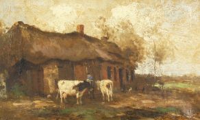 Willem George Fredrick Jansen (1871-1949) Dutch, cattle and figures outside farm buildings, oil on