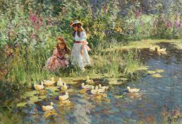 Vladimir Gusev (b.1957) Russian, 'By The Pond, Feeding The Ducks', signed oil on canvas, 16.5