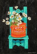 Brenda King (B.1934) British, 'Hot Saveloys', A Study of flowers on a chair, oil on board, signed