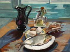Phyllis Bray (1911-1991) British, a still life study of a fish, some eggs, a shell, a jug and a