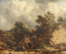 19th Century School. Figures by an Encampment with Woods and Castle Ruins beyond, Oil on Panel. 11.