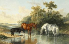 George Jackson (19th century) British, three horses watering in the stream, with a distant view of a