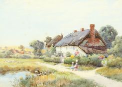 Thomas Noel Smith (1840-1900) British. At the Garden Gate, Figures before a Cottage Garden,