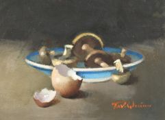 Tom Quinn (1918-2015), Mushrooms and eggshells, oil on board, signed, 11