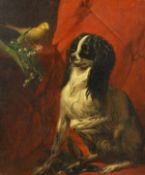 19th century English school. Seated spaniel with Bird and flowers, oil on canvas, 20.5