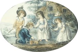 A pair of 19th Century prints of children playing, in verre eglomise frames, 8