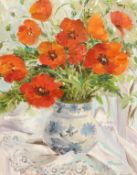 Maria Volkova, Russian, 'Poppies In A Blue And White Jug', signed oil on board, 16