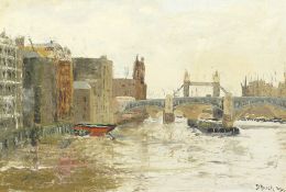 David Birch (1895-1968) British. A View of the Thames with Tower Bridge in the Distance, Oil on