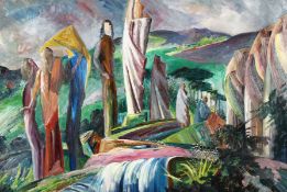 Robert Dumont-Smith (1908-1994) British. Figures in a Landscape by a Waterfall, Oil on Board, 24