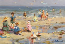 Valery Sekret (b.1950) Russian, 'Children On The Beach', signed oil on board, 10