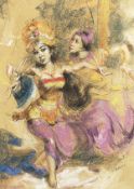 Balinese school, a scene of two female dancers in traditional costume, pastel and pencil, in a