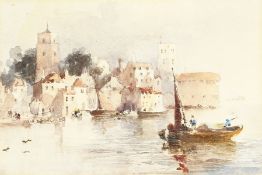 Alfred Montague (fl.1832-1883), Shipping off a Coastal Town, watercolour with body colour, 4.75
