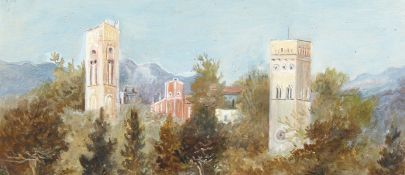 20th Century Continental School. A View of Towers in a Country Landscape with Hills in the Distance,