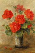 Continental school, 20th century, A still life of poppies in a vase, oil on board, indistinctly