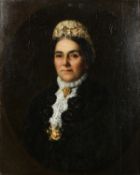 Hill (19th Century) British, A portrait of a lady with a gold brooch and a pink rose, oil on canvas,