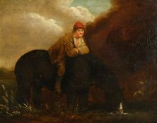 Circle of George Morland (1763-1804), a man seated on a horse watering, oil on panel, 10