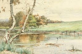 Thomas Ireland (19th/20th Century) British. A River Landscape with Fields and a Church beyond,