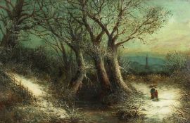 William Thomas Such (1820-1893) British. A winter landscape with figures on a path and a church in