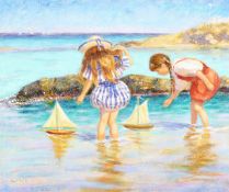 20th century continental school, A scene of young girls floating boats in a cove, oil on canvas,