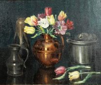 Raymond Tassoul (B.1887) French, a still life of tulips in a copper Jug, oil on canvas, signed,