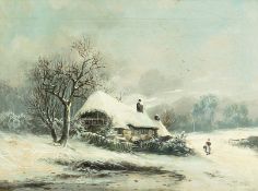 William Stone (1814-1913) British, figure before a loch with a castle in the distance and a winter