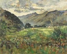 R.A. Dakers, a west country scene with hills beyond, oil on board, signed with initials and