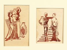 Attributed to Lill Tschudi (1911-2004) Swiss, female figures with classical urns, linocut, one 5.