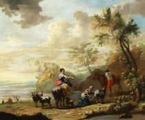 19th century, figures and animals in a landscape with a lake beyond, oil on canvas, 25